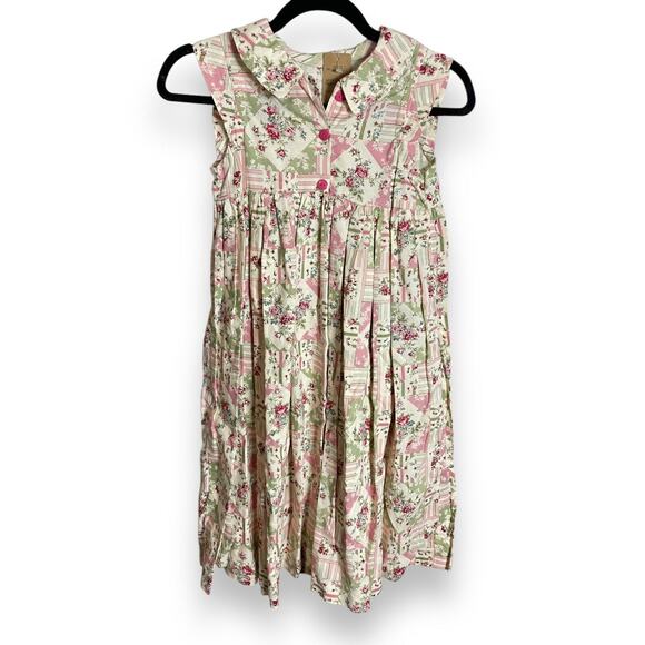 Vintage Shabby Chic Girls Floral Patchwork Print Sleeveless Dress Ivory Pink